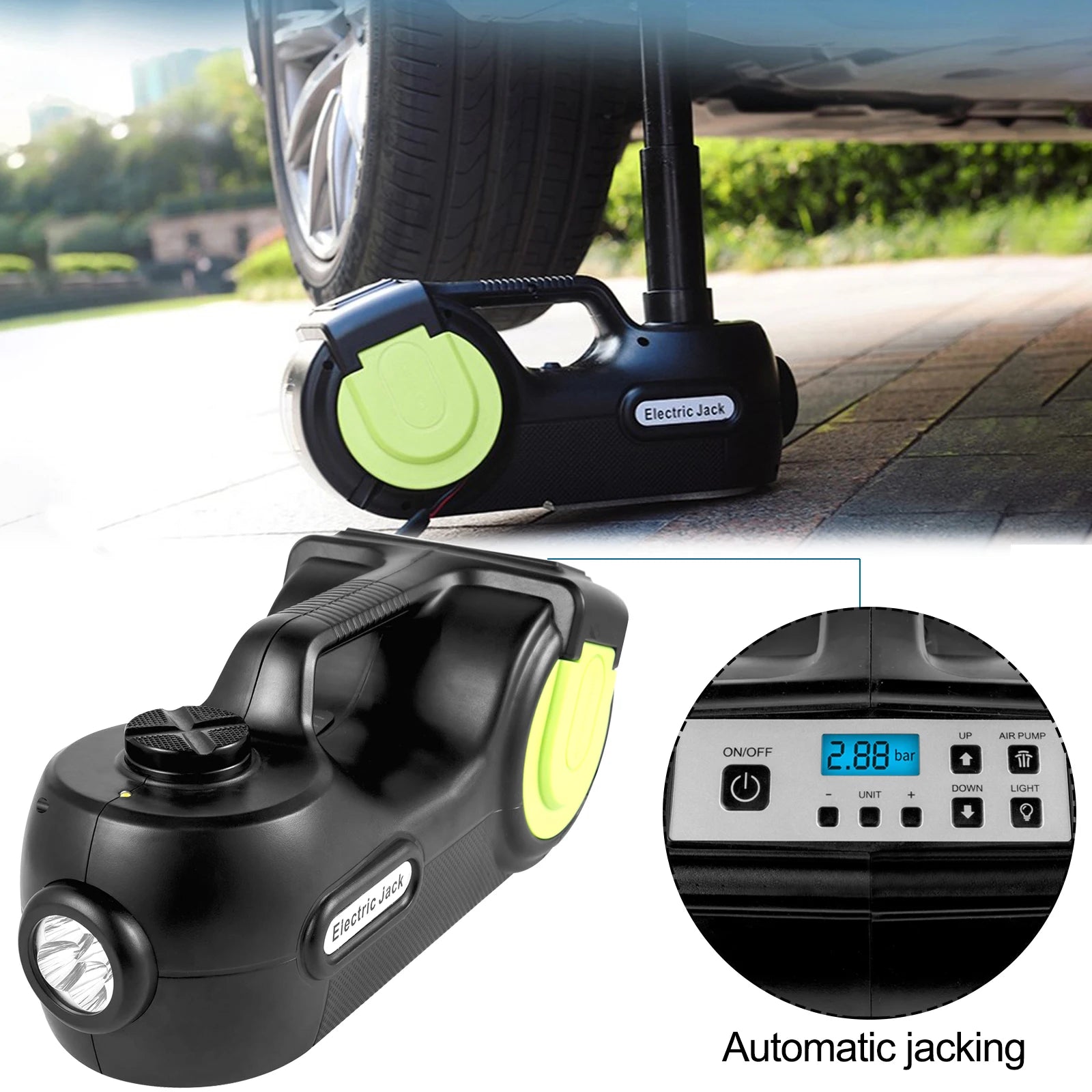 Power Up Your Roadside Repairs with the Succebuy 5T 12V Electric Car Jack Kit: Impact Wrench, LED Light & Portable Hydraulic Solution for Quick Tire Lifting